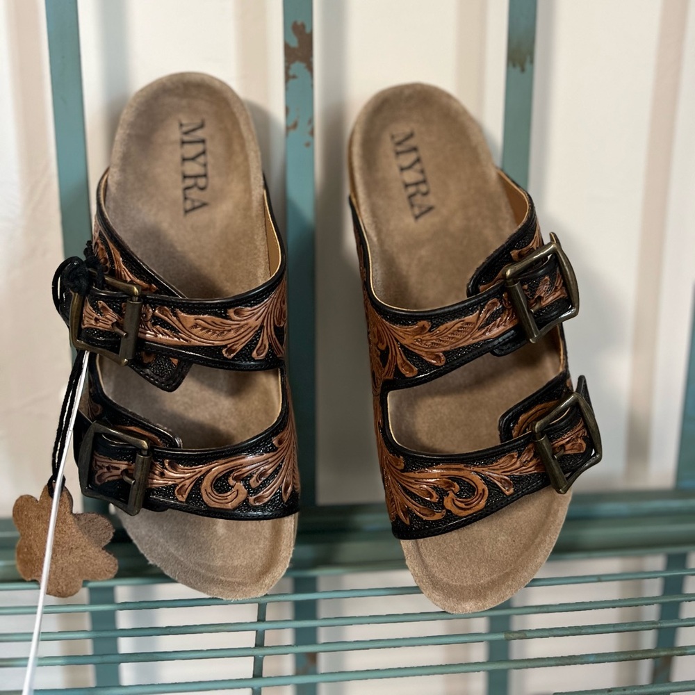 New Summer Myra Bag Handmade Tooled Genuine Leather Spring Sandals Black Brown - Picture 7 of 15